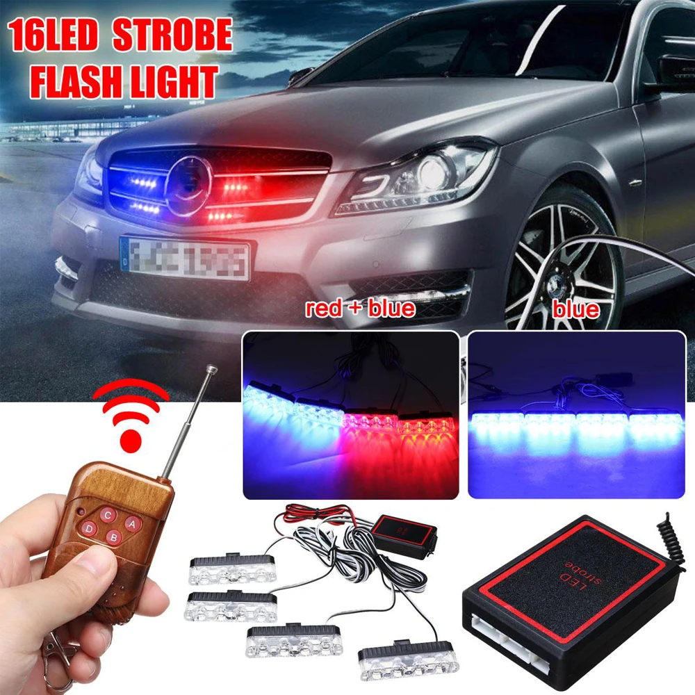 

4X4 LED Strobe Warning Police Light Wireless Remote For Car Truck Emergency DRL Day Running Ambulance Firemen Light