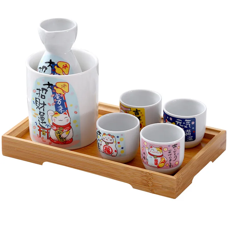 5Pcs/Set Japanese Ceramic Lucky Cat Sake Wine Bottle Creative Maneki Neko Hip Flask Flagon Liquor Spirits Wine Cup Drinkware