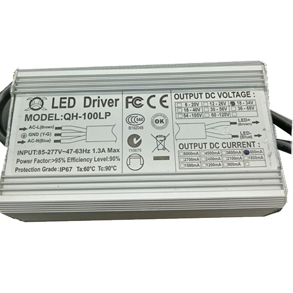 

100W AC85-277V LED Driver 6-10x10 3A DC18-34V IP67 Waterproof Constant Current For Spotlights