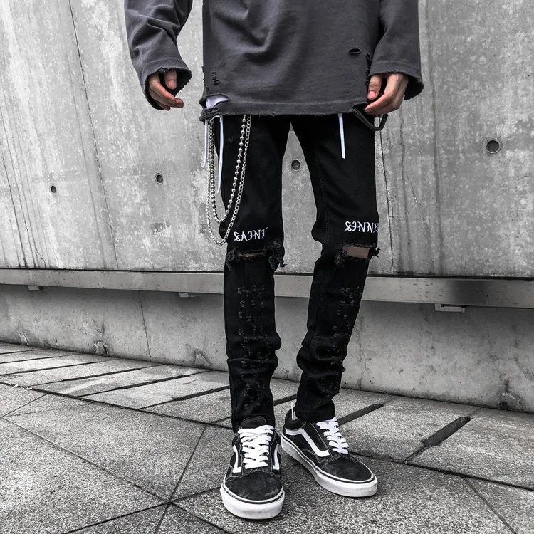 QIWN High Street Jeans Knee Hole Jeans Men's Black Embroidered Stretch Slim Slim Pants Denim Jeans  Men Skinny Jeans