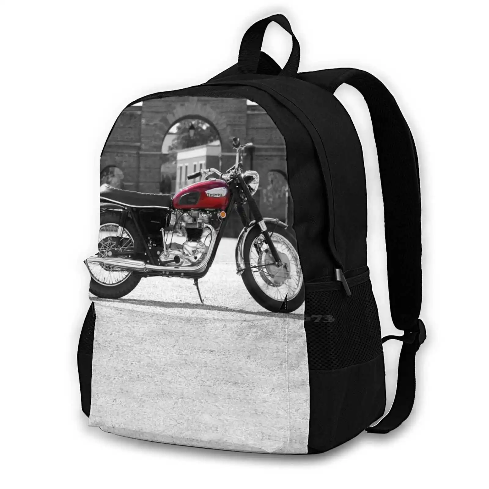 The 1968 T120 Bonnie 358D Print Design Backpack Student Bag Bonneville Vintage Motorcycle Old Motorcycle Transport Motorcycle