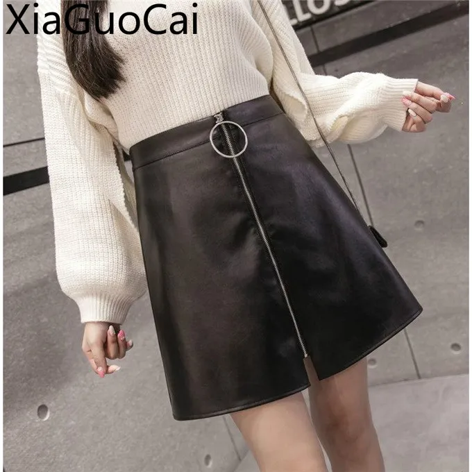 New PU Leather Women Skirts Ring Zipper High Waist A-Line Ladies Skirts Bag Hip A Word Empire Short Skirts