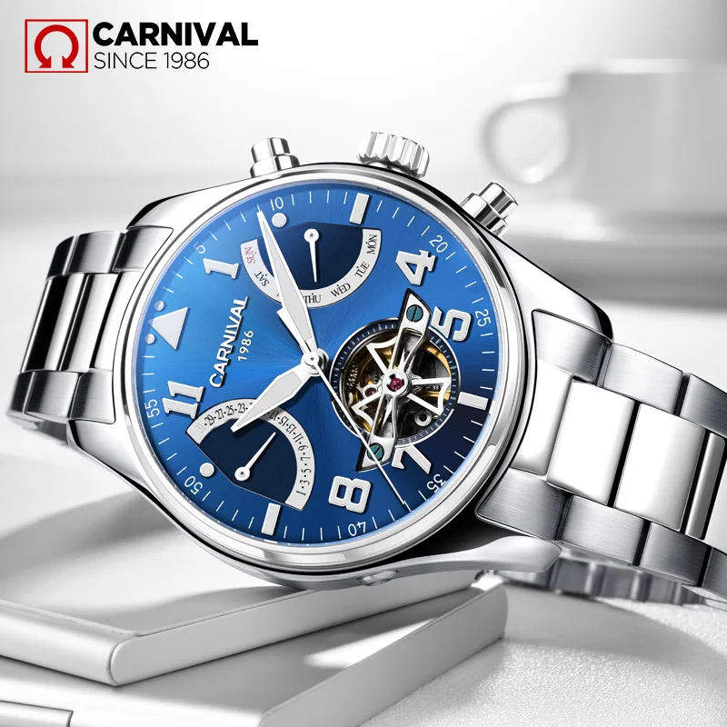 Fashion Tourbillon Mechanical Watch CARNIVAL New Automatic Watch for Men Sapphire Waterproof Calendar Luminous Relogio Masculino