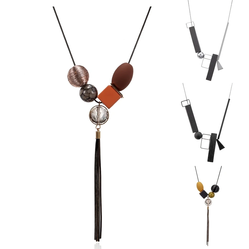 Match-Right Geometric Statement Long Necklace & Pendant for Women Wood Beads Tassel Sweater Necklaces 2020 New Fashion Jewelry