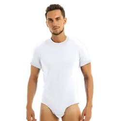 Masculino redondo pescoço mangas curtas macacão pijama, adulto imprensa virilha t-shirt, lingerie sexy bodysuit, roupas íntimas, 1 pc