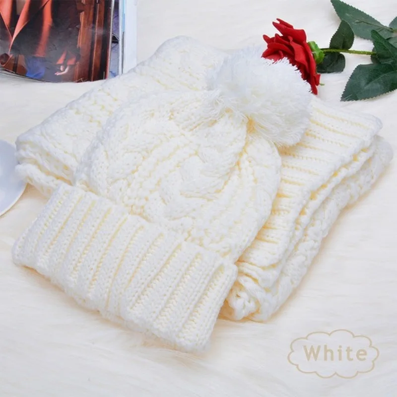 New Female Winter Scarf and Hat 2 Piece Set Plush Ball Beanie Autumn Lady Warm Knitted Cap Vintage Women Bonnet Femme