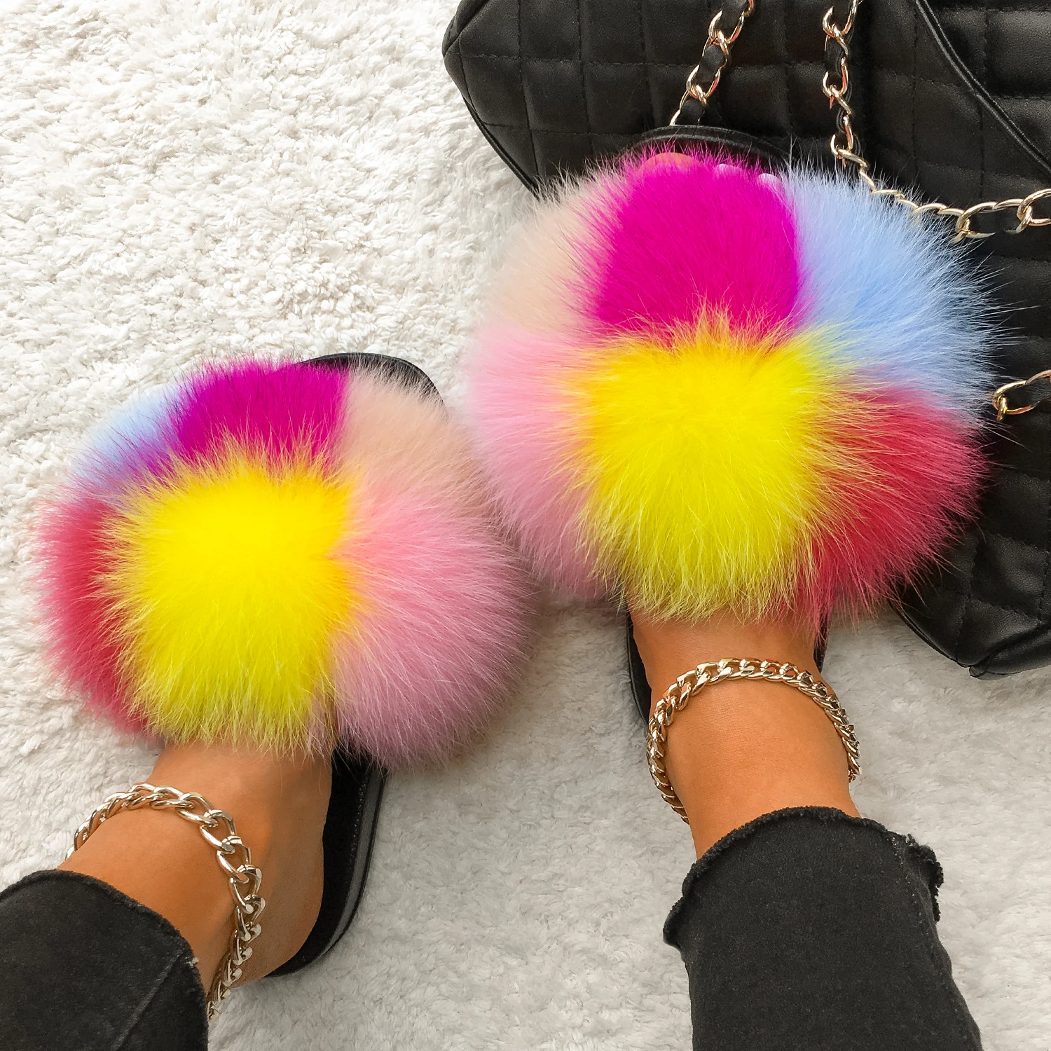 Fluffy Flip Flops Real Fox Fur Slippers Ladies Furry Fur Slides Plush Beach Slippers Flat Heel Summer Sandals Women House Shoes