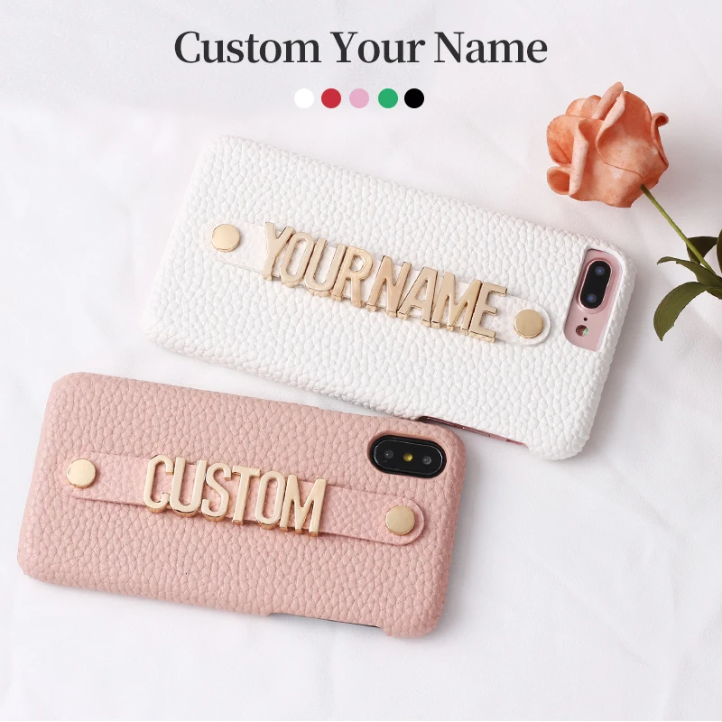 

Leather Phone Case with Personalized Letter Name Wristband iPhone 11 12 13 14 15Pro XS Max XR 7Plus 8Plus