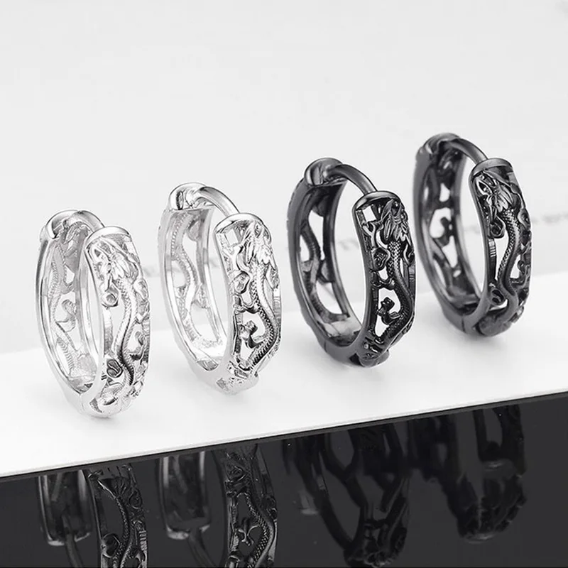 Punk Hollow Dragon Carved Ear Buckle Earrings For Men/Women Black White Color Hip Hop Street Popular Fashion Ear Jewelry