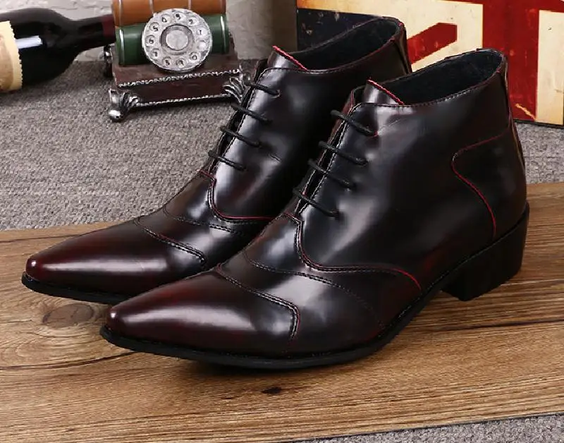 

Pointed Toe Casual Lace-Up Leather Boots Wine Red Men's Increase Ankle Boots British FashionTrendy Personality High Heel shoes