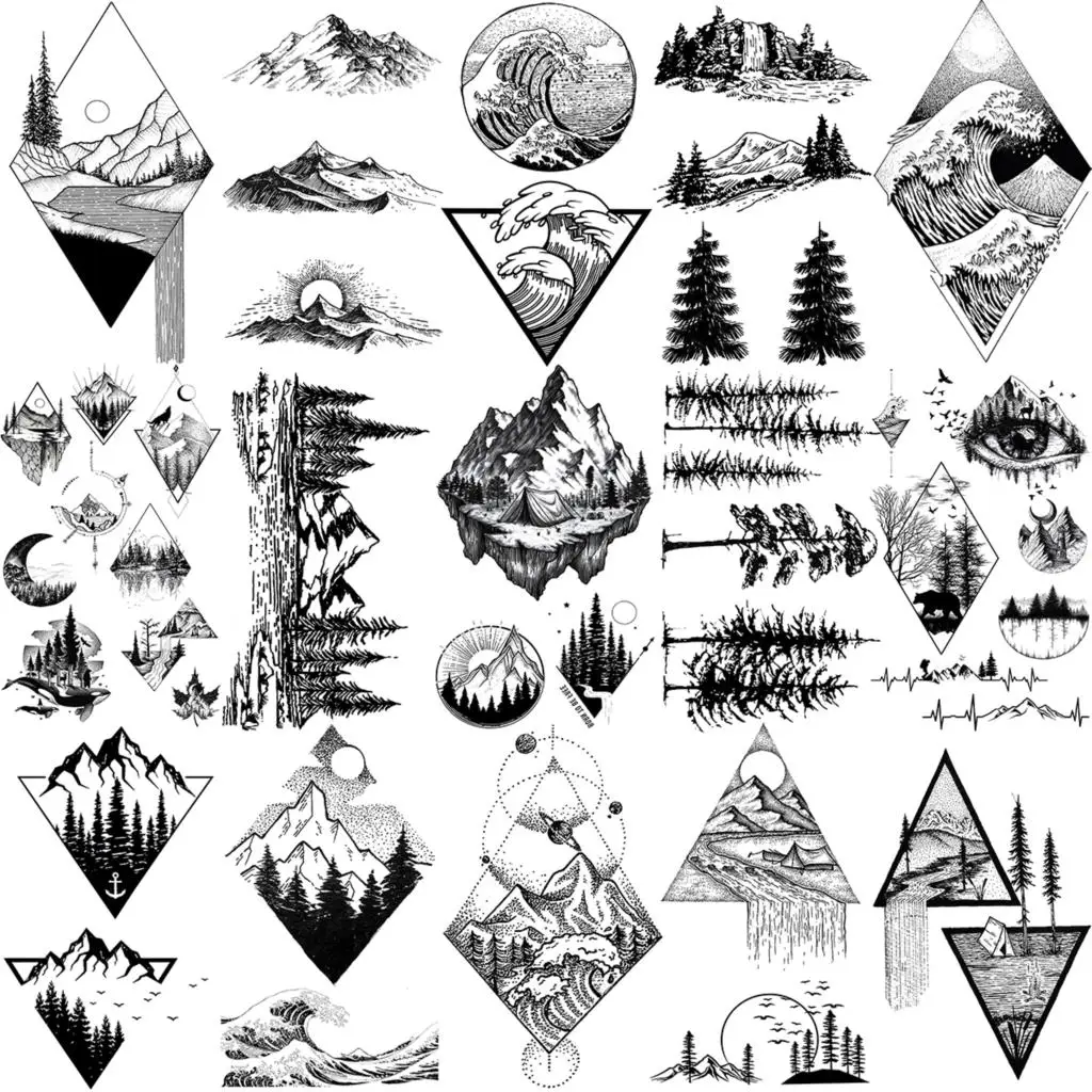 

Realistic Geometric Mountains Temporary Tattoos For Women Adult Men Sea Forest Sun Eyes Fake Tattoo Neck Arm Hands Small Tatoos