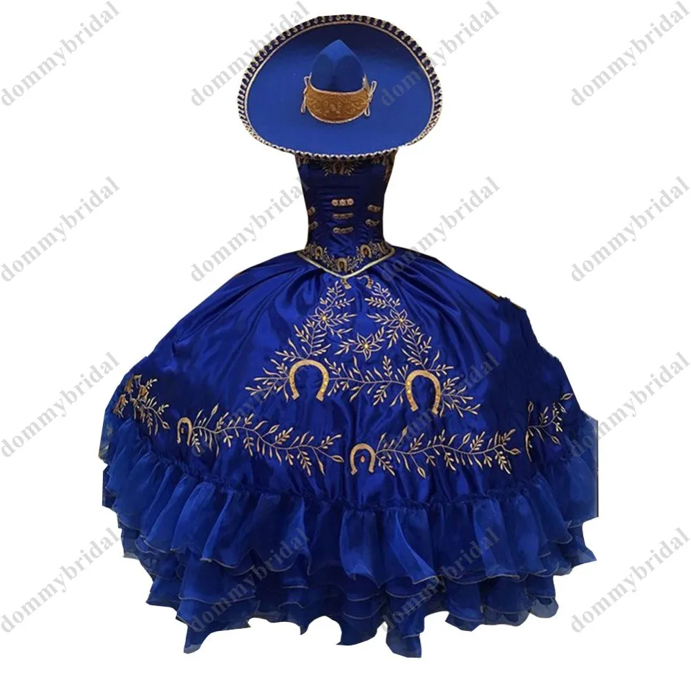 Gaun Bola Hiasan Bordir Emas Fashion untuk Wanita Anak Perempuan Pesta Formal Bergelombang Quinceanera Tanpa Tali Royal Blue Charro XV