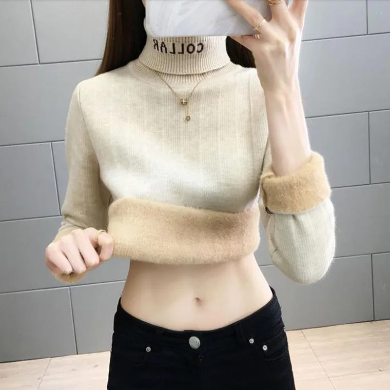 Women Turtleneck Sweater Thick 2022 New Arrival Winter Plus Velvet Keep Warm Female Knitted Pullover Korean Style A112