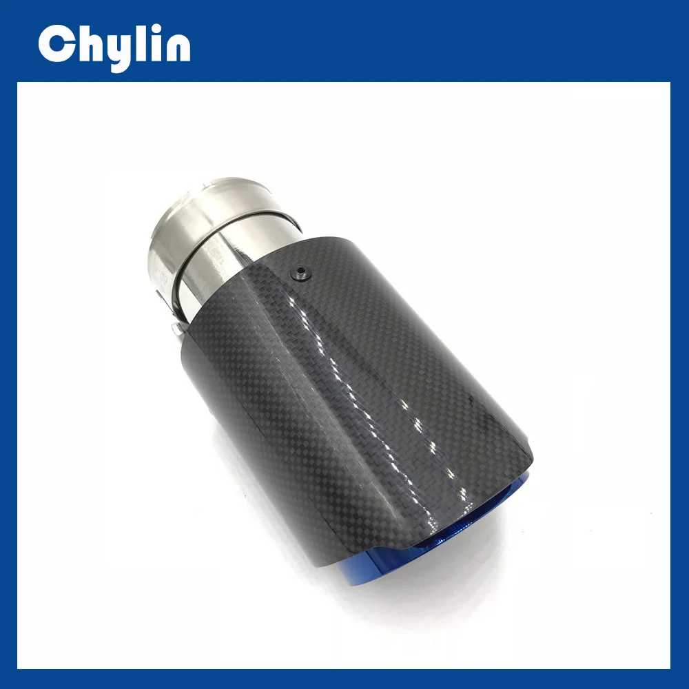 One Piece Single Glossy Carbon Fiber Car Back Muffler Pipe Coated Blue Stainless Steel Car Exhaust Tip For Universal Cars