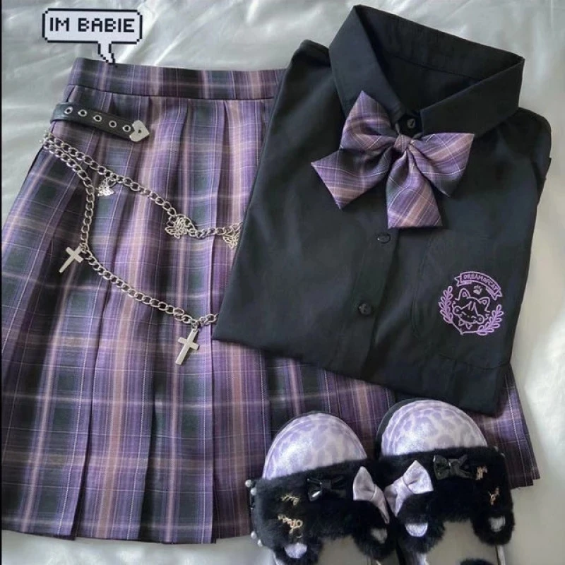 

Japanese Harajuku Three piece set Plaid Mini Women Skirt School Uniforms Skirt A-line Sweet High Waist Women kawaii Suits & Sets