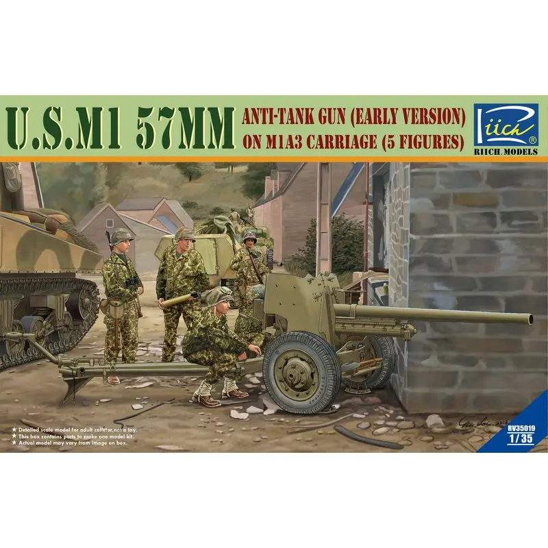 Riich RV35019 1/35 U.S.M1 57mm Anti-Tank Gun (Early) on M1A3 Carriage (5figures) - Scale Model Kit