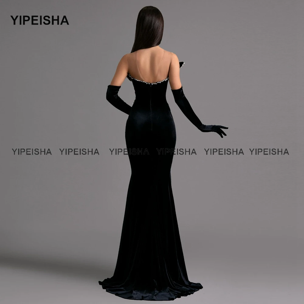 Yipeisha Delicate Beaded Black Prom Dresses Sheer Neck Mermaid Evening Party Dress Long Velour Formal Gown Customized