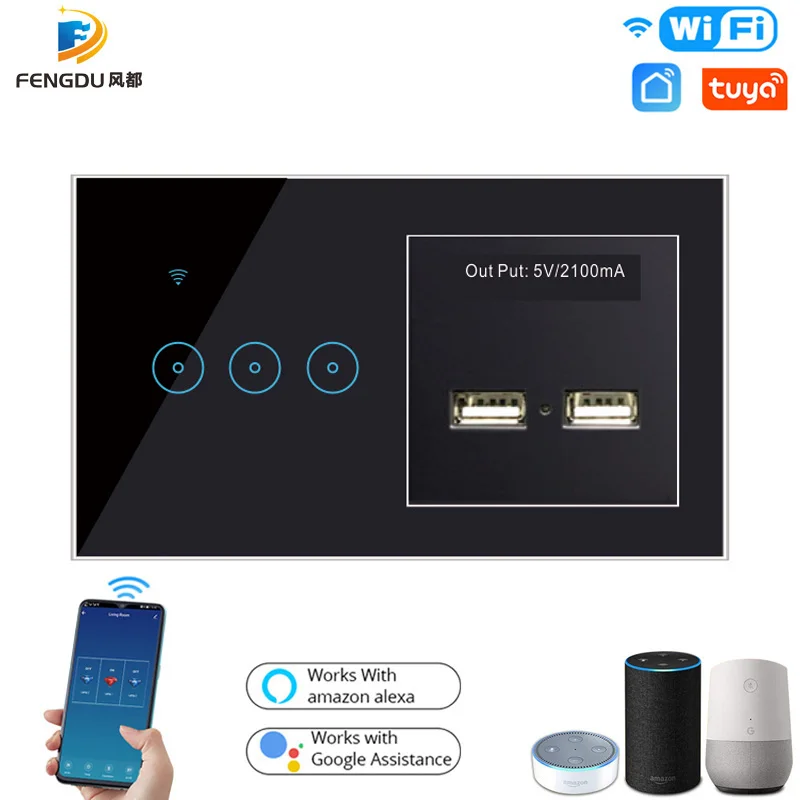 Tuya WiFi Smart Light Switch 1 2 3 Gang Touch Switch and Power Outlet Dual USB Smart Induction Charge Port For Mobile 5V 2.1A