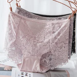 Bragas sexys de malla para mujer, ropa interior de encaje sin costuras de cintura alta, suave transparente, bragas de algodón para la salud, lencería XXXL