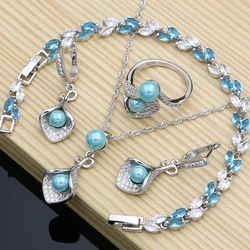 Blue Pearls Horn 925 Sterling Silver Bridal Jewelry Sets  For Women Earrings With Stone Plant Design Ring Bracelet/Necklace Set
