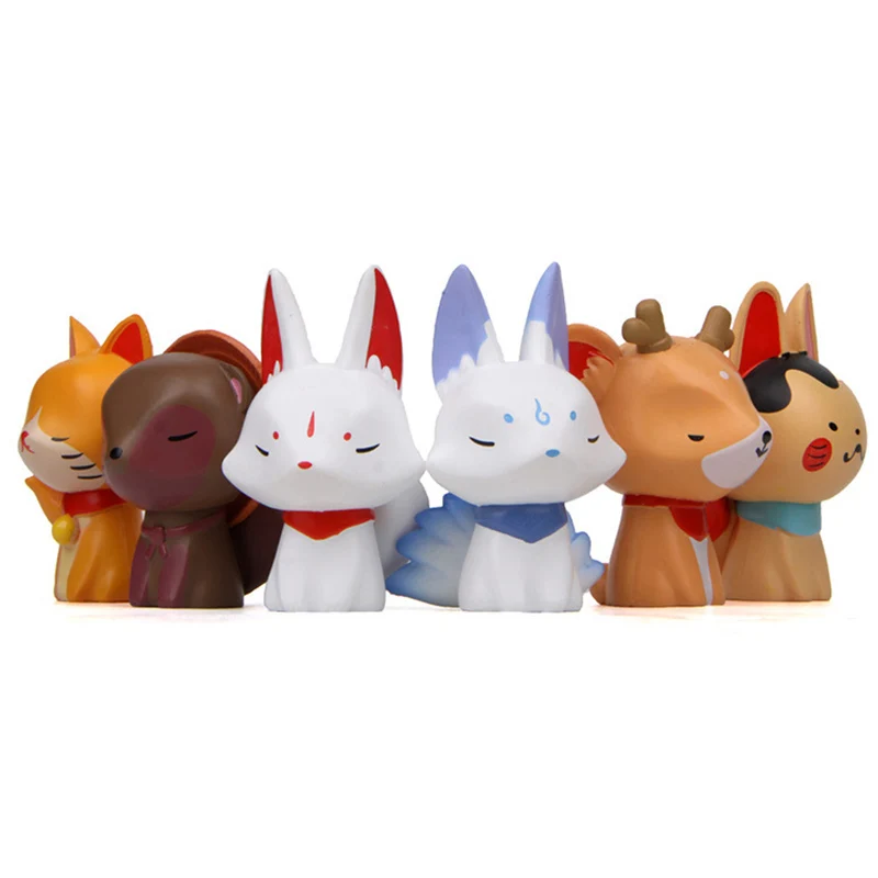 

6PCS/Lots Japanese Cartoon Animals Nine Tails Fox Rabbit Cat Deer Figures Models Decoration Collection Dolls for Kids Toys