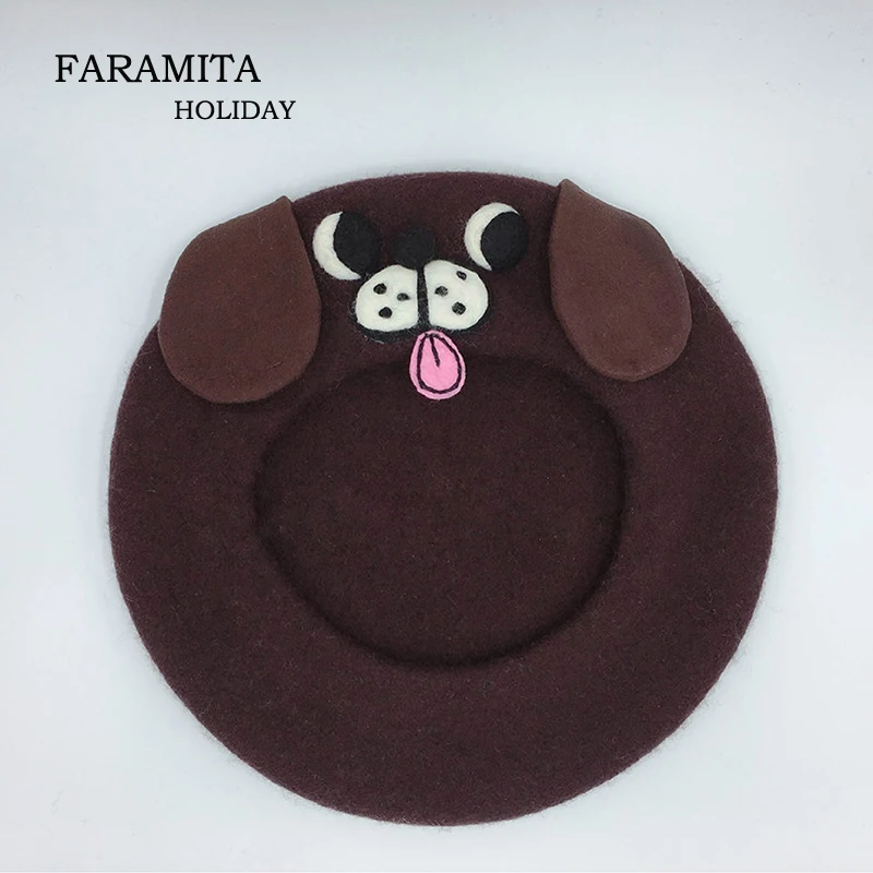 

Faramita Holiday Women Girls Cute Dog Handmade Berets Brown Hats Kids Parents-child Couple French Beret Wool Felt Headwear 100%