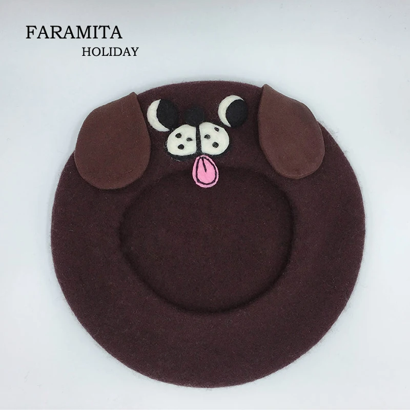 Faramita Holiday Women Girls Cute Dog Handmade Berets Brown Hats Kids Parents-child Couple French Beret Wool Felt Headwear 100%