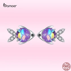 Bamoer New Color Happy Fish Animal Ear Studs for Women Exquisite Zircon 100% 925 Sterling Silver Earrings Trendy Jewelry GXE1028