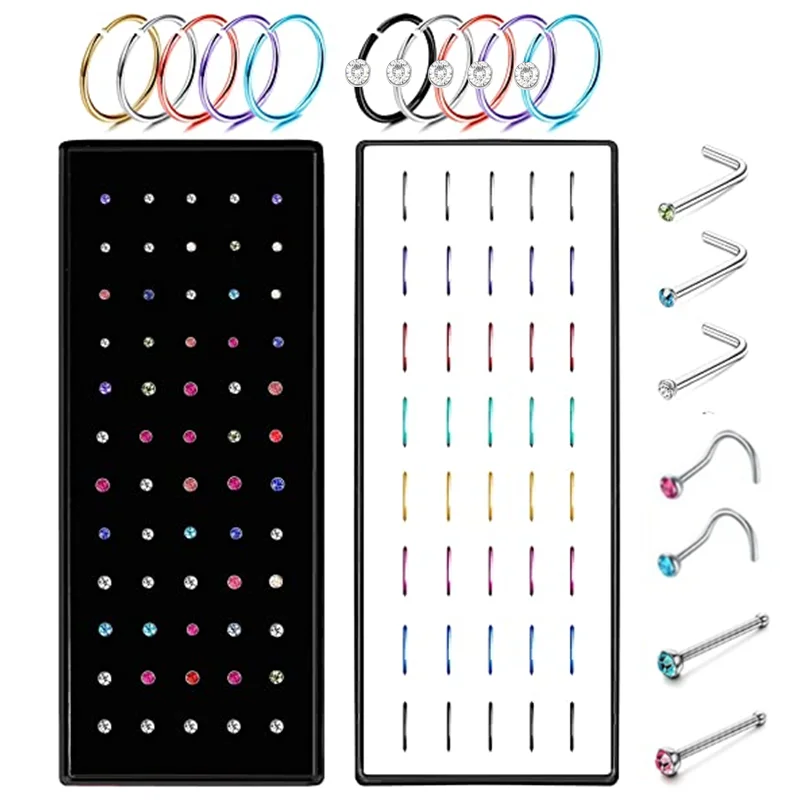 40/60Piece Stainless Steel Nose Stud Pack Crystal Nose Piercing Hoop Bulk L Shape Nose Ring Set Bend Piercing Nariz Body Jewelry