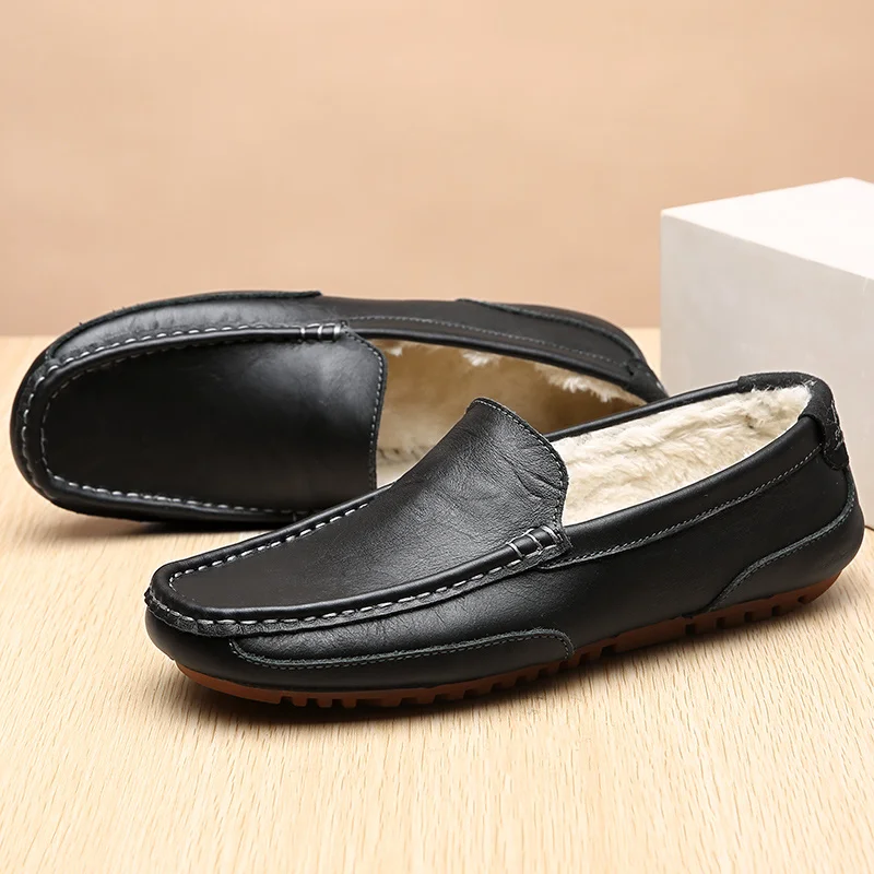 Winter Warm Mens Loafers Genuine Leather Driving Shoes Casual Italian Brand Designer Fur Loafers Shoes Man High Quality