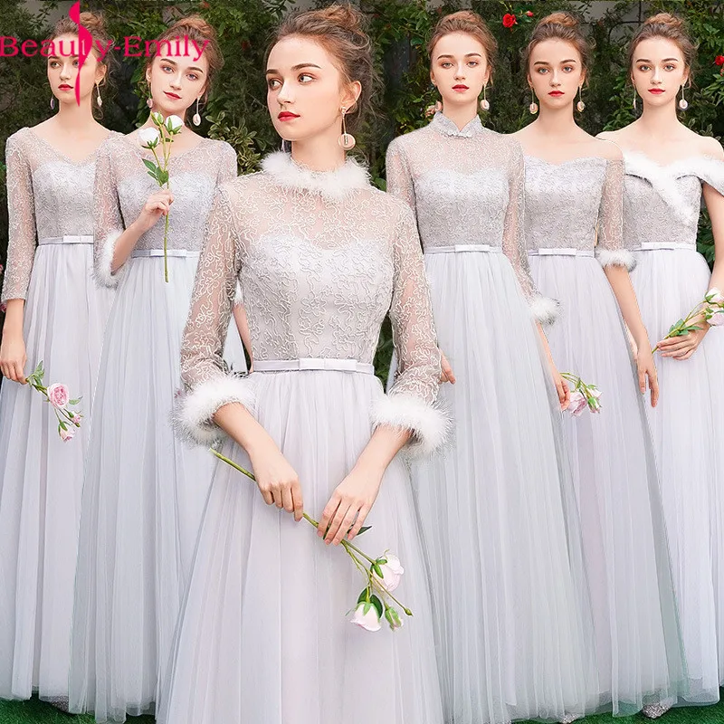 

Beauty-Emily Cheap Long Tulle Illusion Gray Bridesmaid Dresses 2020 A-Line Vestido De Festa De Casamen Formal Party Prom Dresses