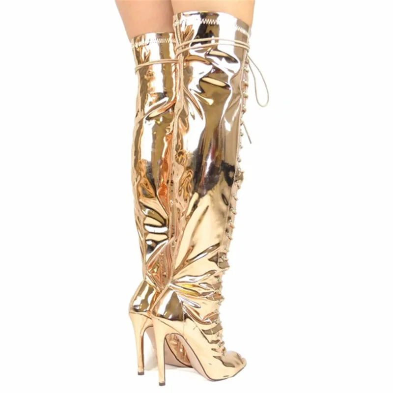 Fashion Gold Lace Up Over The Knee Boots Ladies High Heels Open Toe Strip Shoes Summer Cutouts Gladiator Long Sandals Booties
