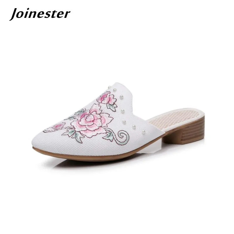 Mesh Embroidered Slippers for Women Pointed Toe Retro Mules Female Outdoor Sandals Slip On Backless Loafers Ladies Casual Slides