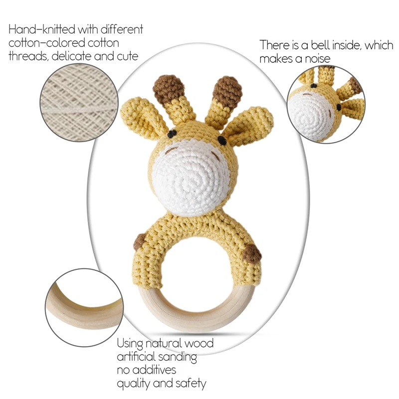 1PC Baby Rattle Toys Cartton Animal Crochet Wooden Rings Rattle DIY Crafts Teething Rattle Amigurumi For Baby Cot Hanging Toy