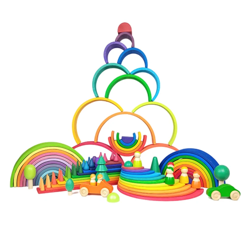 DIY 3D Wooden Toys Rainbow Building Blocks Rainbow Stacker Large Size Creative Montessori Educational Toys For Children Kids