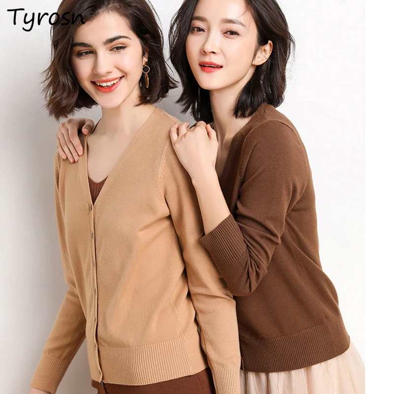 

Cardigan Women Basic Solid All-match V-neck Single Breasted Knit Outwear Elegant Stylish Loose-fit Long Sleeve Cropped Sweaters