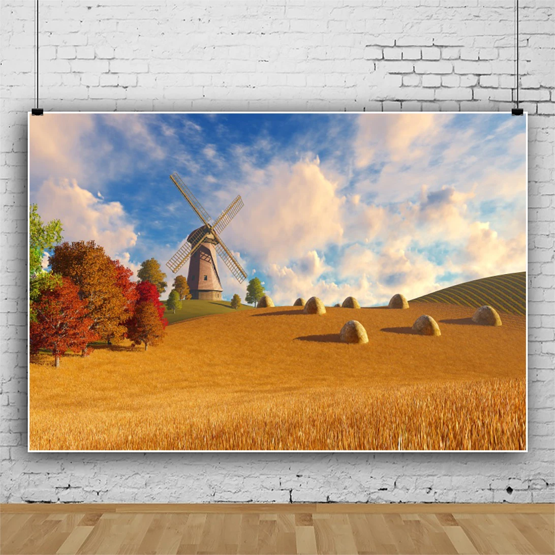 Laeacco Autumn Rural Farm Windmill Harvest Season Wheat Blue Sky Cloudy Natural Scenic Photo Background Photo Backdrop Photocall