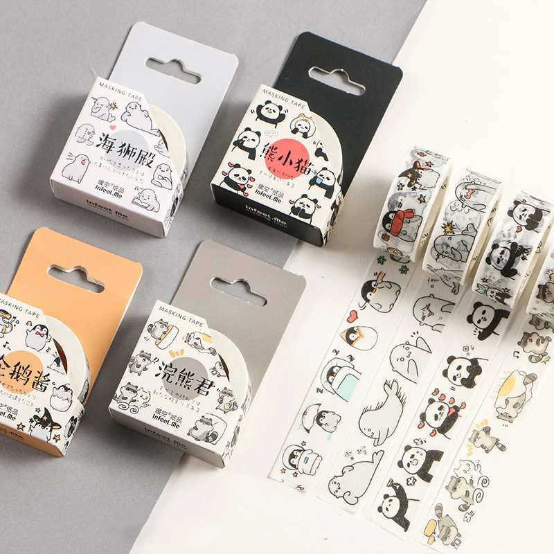 4 Pc Boxed stickers Hand account tape Cartoon animals and paper tape Sealing tape Decorative stickers for items Penguin stickers