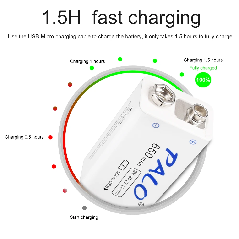 PALO 9V USB Lithium Battery 650mAh 6F22 Li-Ion Rechargeable Batteria 9 Volts for Toys Massagers Multimeters Guitar