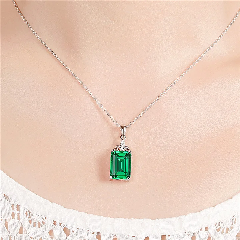 Classic Necklace 925 Silver Jewelry Rectangle Emerald Gemstone Pendant Ornaments for Women Wedding Promise Party Gift Wholesale