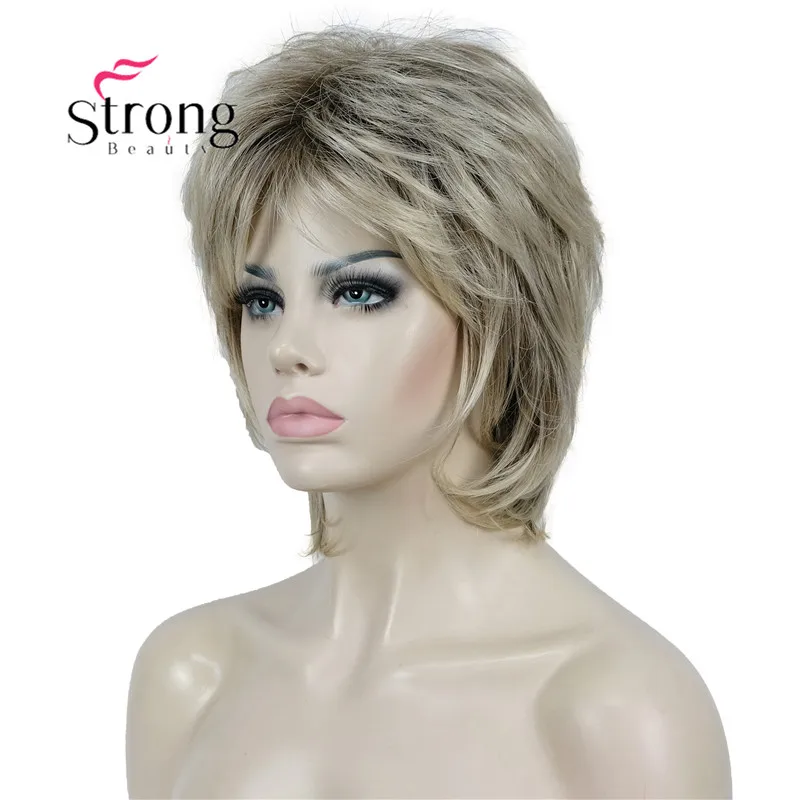 StrongBeauty Lady kobiety Ombre blond z ciemnym korzeniem krótkie kaskadowe warstwy pełna peruka syntetyczne peruki do włosów
