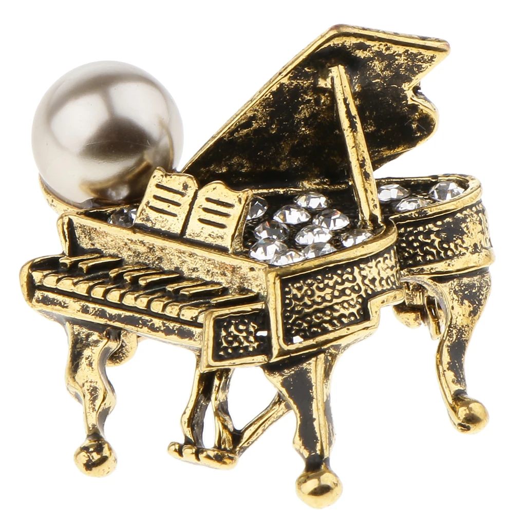 Chic Rhinestone Music Piano Brooch Lapel Pin Wedding Jewelry Antique Brass Clothes Decoration