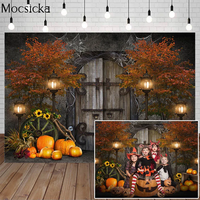 Happy Halloween Photography Backdrop Deserted House Maple Decoration Fall Harvest Pumpkin Child Birthday Portrait Photo Studio