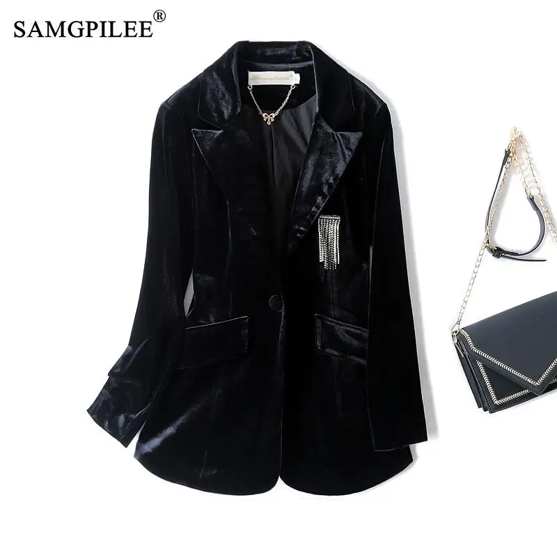 

Black Gold velvet Suit Jacket Women 2023 Spring Autumn New Female Elegant Temperament Slim Outwear Lady Blazer Coats