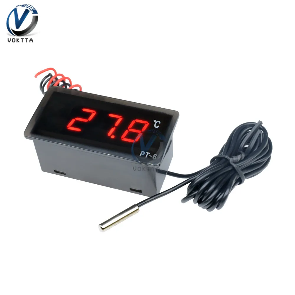 PT-6 Digital Car Thermometer DC 12V/AC 220V Indoor Outdoor Temperature Meter Monitor Automotive Thermometer with NTC Sensor