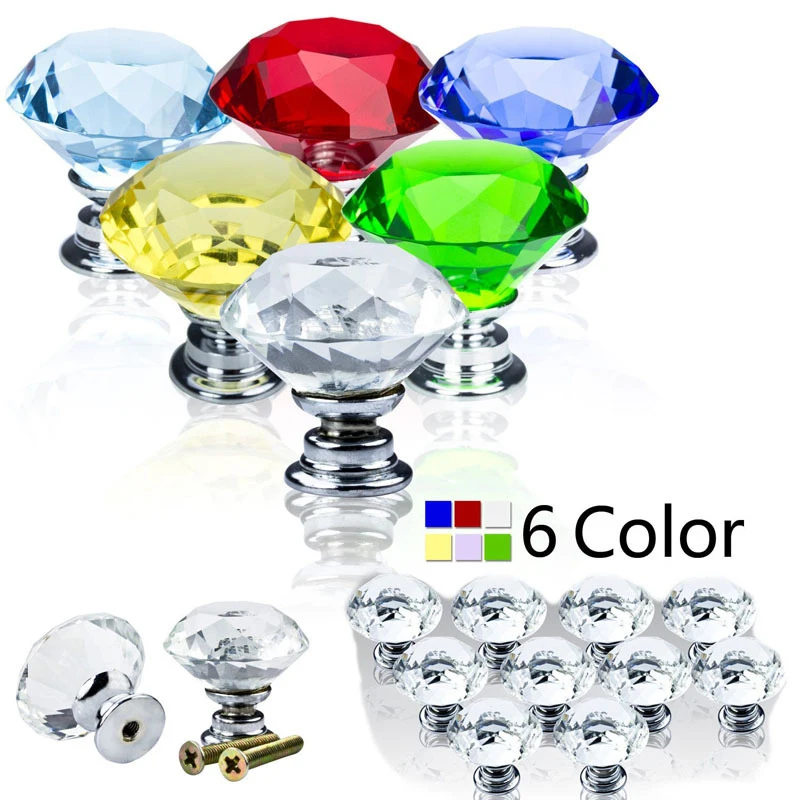 10PCS/Set 40MM Clear Crystal Glass Diamond Cut Door Knobs Kitchen Cabinet Drawer knobs+Screw Home Decorating