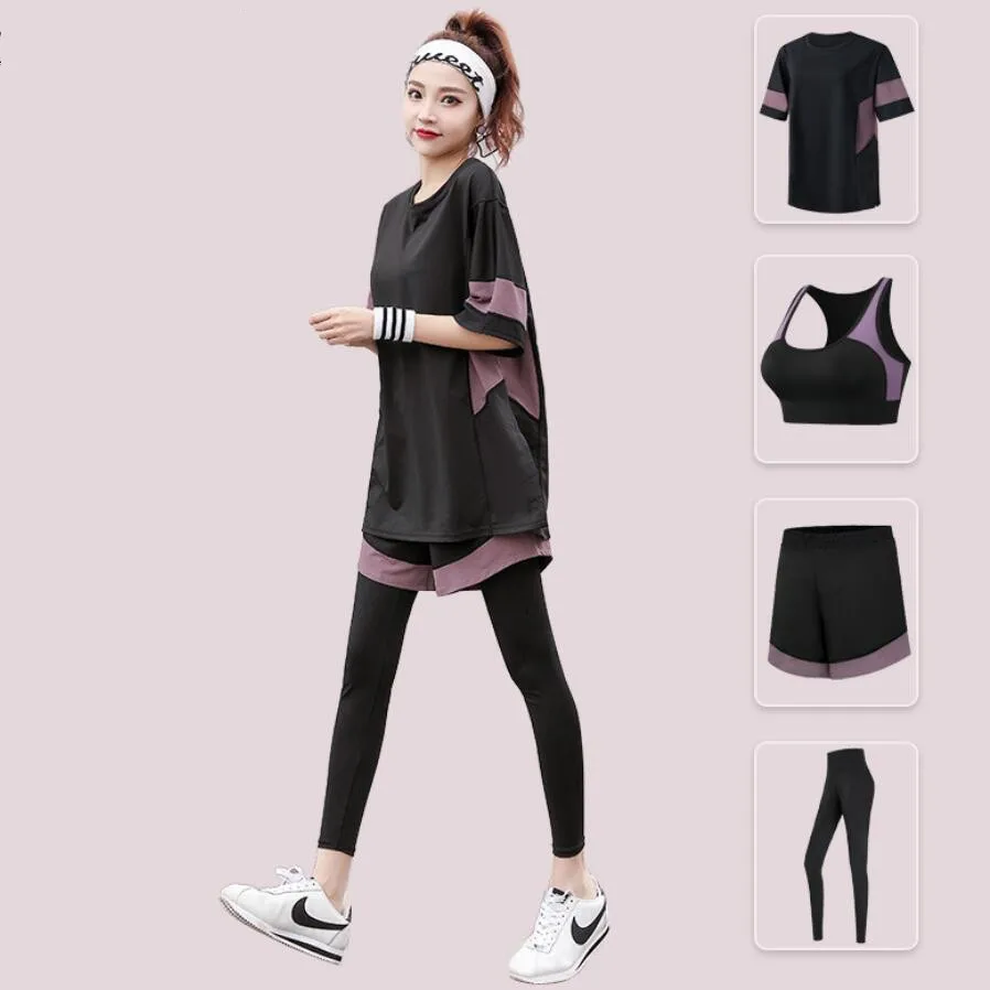 Loose T Shirt+Bra+Shorts+Pants Women Yoga Set Plus Size Fitness Gym Suits Sportswear Running Clothing Breathable Loose Set