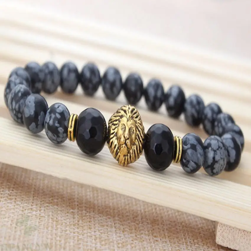 8mm Black Alabaster lion head bracelet Handmade Buddhism Healing 7.5inches Wrist Meditation mala pray Sutra Lucky men Prayer