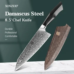 XINZUO 8.5'' Chef Knife High Carbon Japanese Damascus Steel Professional Knives Vegetable Fruit Cooking Tool Knife Sheath Case