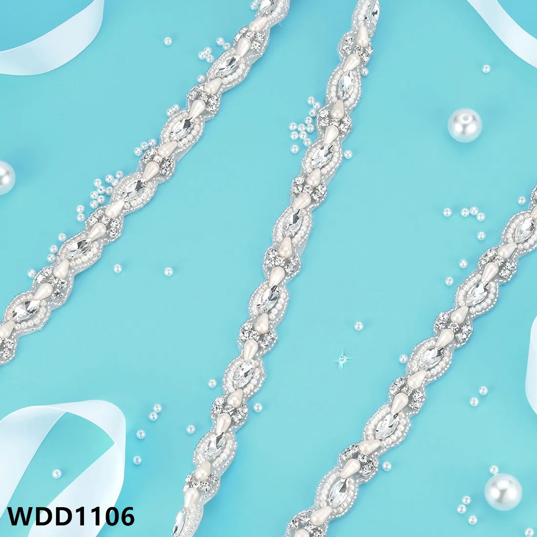

(10 yards) Bridal hand beaded wedding silver rhinestone pearl applique trim sew on iron on for wedding dresses WDD1106